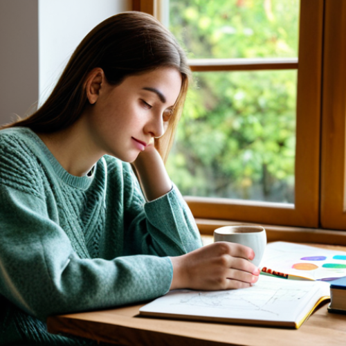 Home 4 Focused Study Session**
"A young woman, fully clothed in a modest sweater and jeans, studying at a wooden desk filled with books and colorful mind maps. A cup of coffee sits nearby. Natural light streams in from a window overlooking a green garden. Safe for work, appropriate content, perfect anatomy, natural pose, high quality, professional, family-friendly."
**