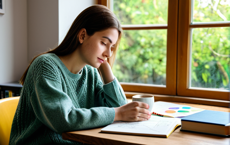 Focused Study Session**

"A young woman, fully clothed in a modest sweater and jeans, studying at a wooden desk filled with books and colorful mind maps. A cup of coffee sits nearby. Natural light streams in from a window overlooking a green garden. Safe for work, appropriate content, perfect anatomy, natural pose, high quality, professional, family-friendly."

**