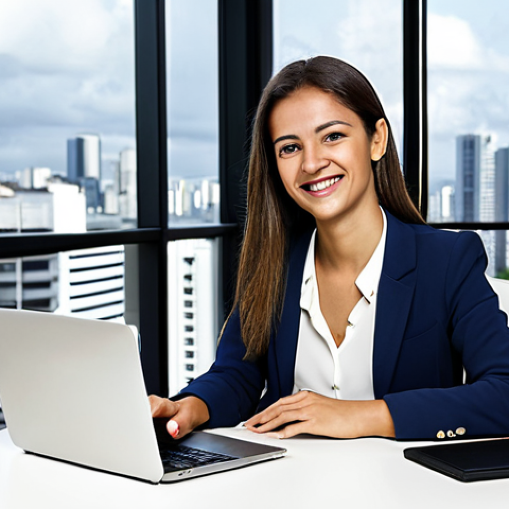행정관리사와 공공기관 취업 - The Modern Brazilian Entrepreneur**
"A young, professional woman in a bright, modern office space i...