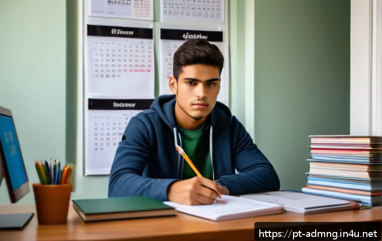행정관리사 시험에 꼭 나오는 문제 - A focused young adult studying at a cozy home office desk filled with organized study materials: tex...