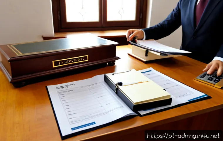 Home 17 행정관리사 실무에서 꼭 아는 법률 - Photorealistic Portuguese administrative office, a professional administrator reviewing organized le...